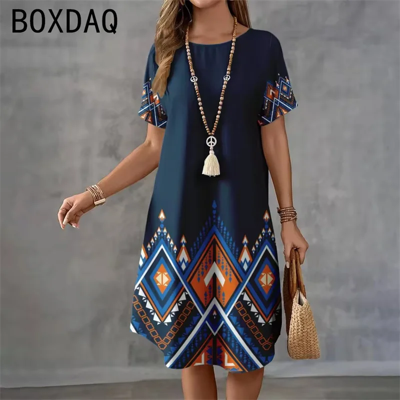 

2025 Summer New Women's Dress Vintage Tribal Ethnic Pattern Print Dress Elegant O-neck Short Sleeve A-Line Dress Ladies Vestidos