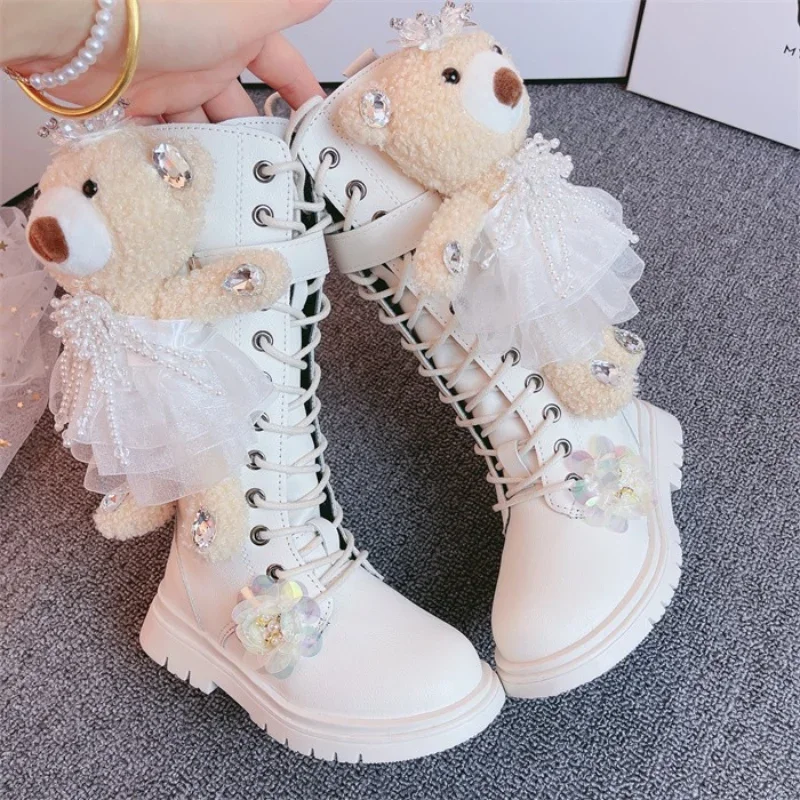 Kids Boots 2021 Autumn Winter For Girls Knee High Boots Fashion Cute Cartoon Bearl Chelsea Children Shoes Thick Sole Platform