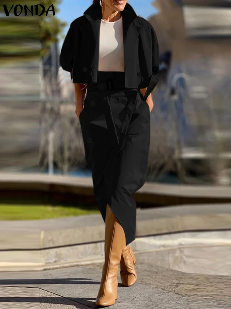 Plus size vonda conjuntos de vestido de festa feminino 2024 casual turn-down colarinho trabalho topos saias roupas elegantes cor sólida ternos de duas peças