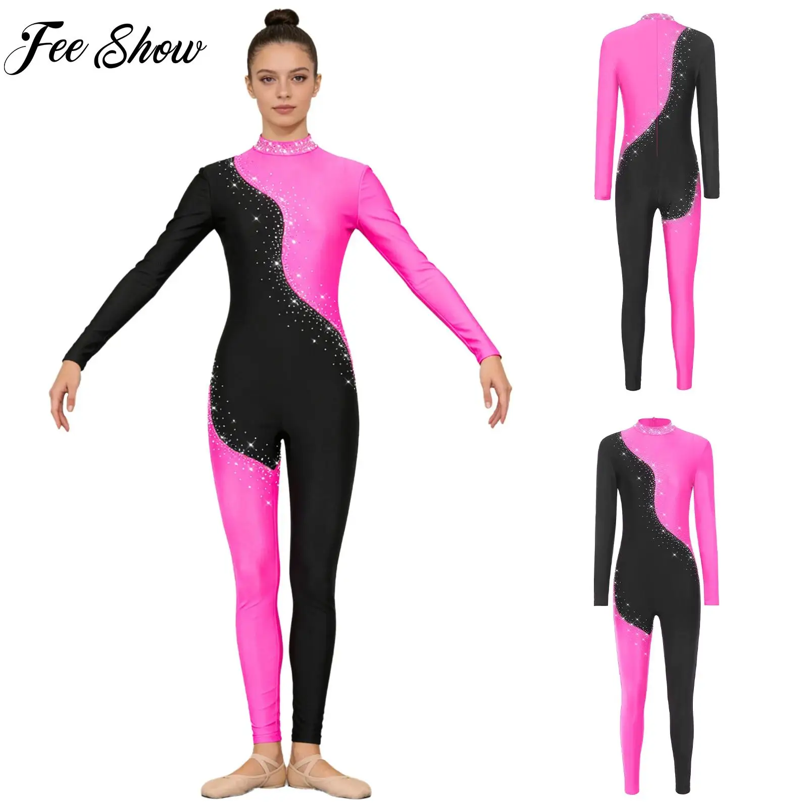 

Adult Womens Gymnastic Jumpsuit Rhinestones Long Sleeve Color Blocking Full-body Bodysuit for Ballet Dance Figure Ice Skating