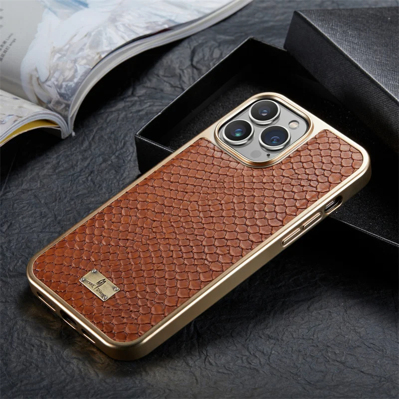 

Snake Pattern Leather+Soft TPU Back Case For iPhone 14 13 12 Pro Max Luxury electroplating Cover
