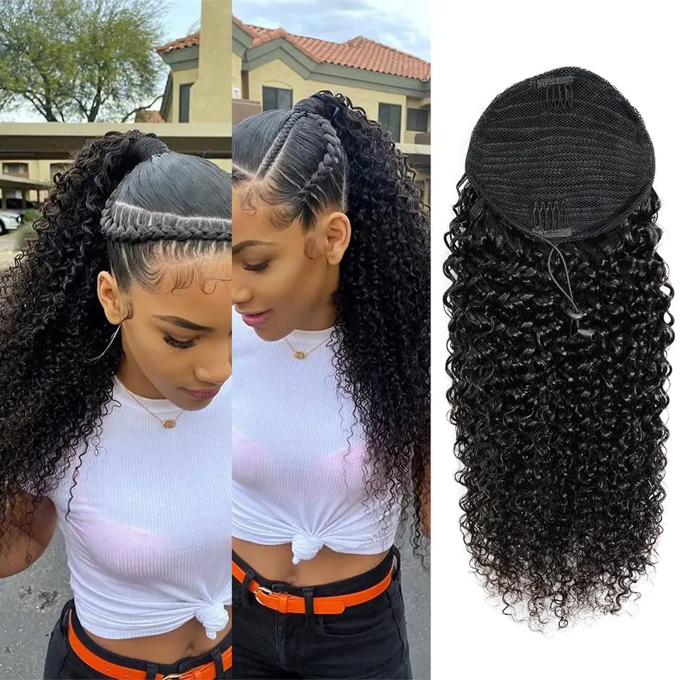 Cola de caballo Body Wave de cabello humano con cordón, rizos de agua, extensiones de cabello humano Remy, cola de caballo, negro natural 4