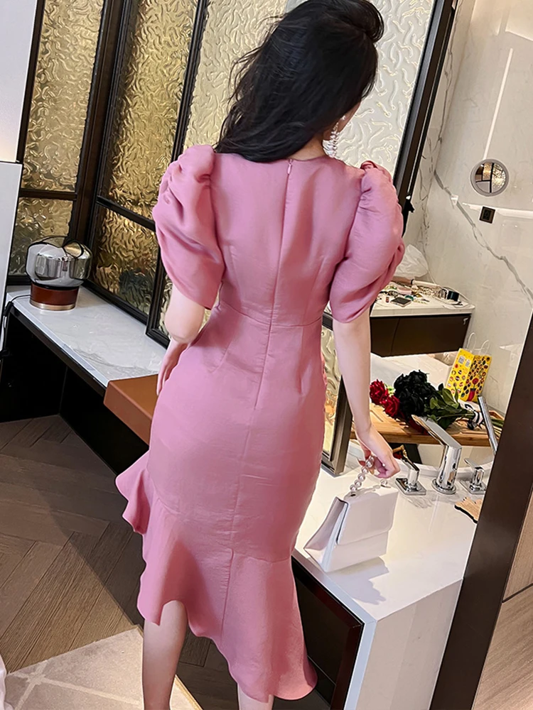 Summer Midi Dresses for Women 2023 Elegant Gentle Pink Korean Satin Puff Sleeve Drawstring Ruffles Robe Party Vestidos Mujer