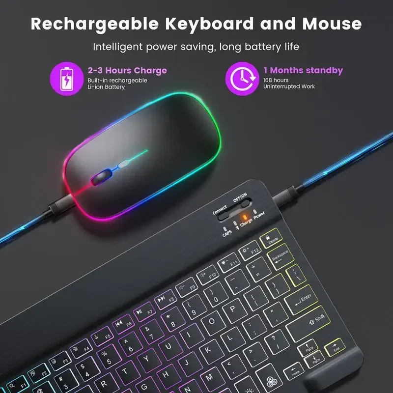 Conjunto sem fio Gradiente Backlight Teclado e Mouse, 2 Modos de Luz, 7 Cores