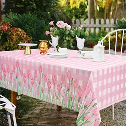 Mother's Day Tablecloth Pink Tulip Plaid Table Cover Mother's Day Waterproof Decor Wedding Holiday Party Kitchen Dinning Decor
