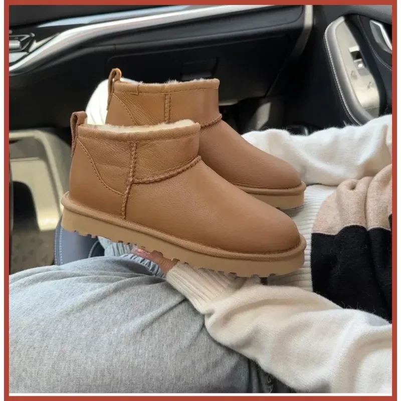 High quality wool women's boots, waterproof and glossy leather snow boots, pure wool warm high top low top flat bottom