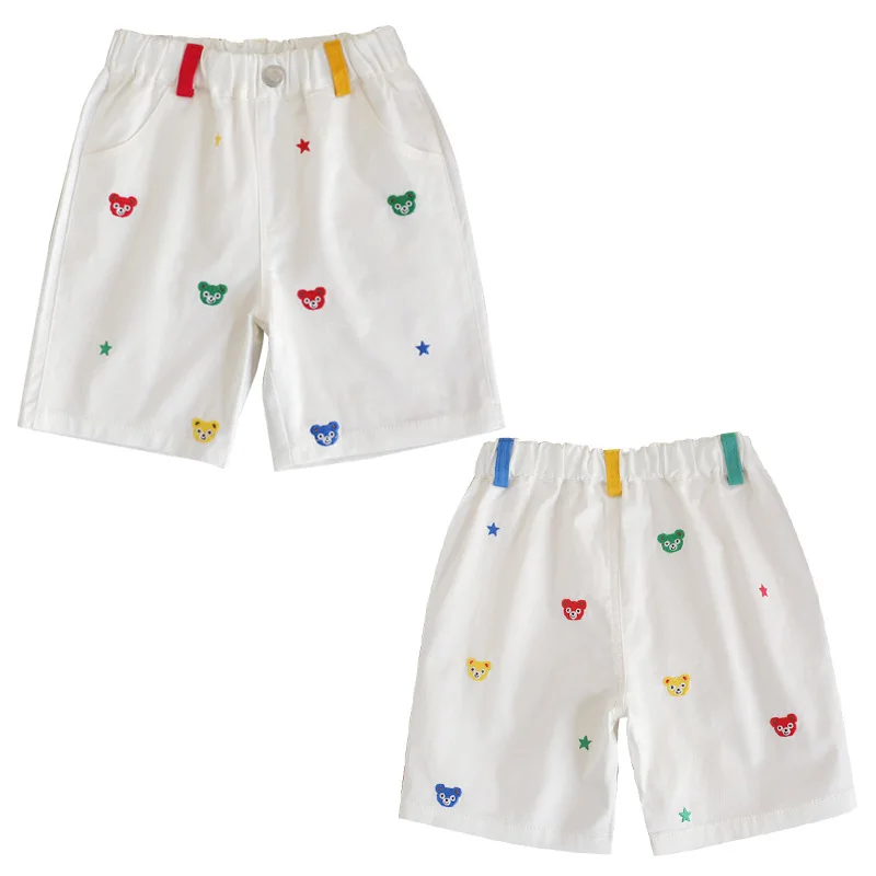 

In Stock！2026SS New Boys and Girls Cartoon Colored Teddy Bear Full Embroidery Shorts Cute Five Quarter Pants