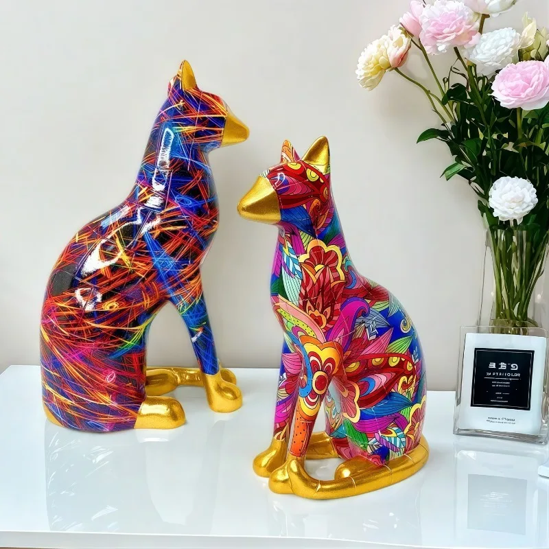 Colorful Water Transfer Printing Gold Tail Cat Decoration Office Study Resin Abstract Decoration Statue Bedroom Desktop