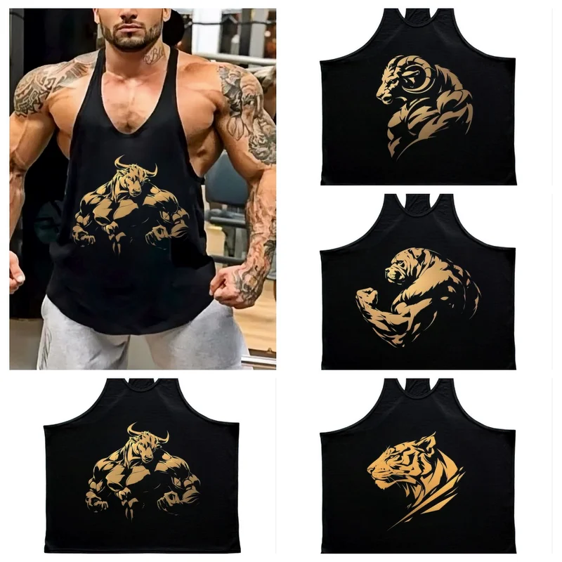 

2025 фитнес-хлопковый жилет с животным принтом, рабочий жилет без рукавов, тренажерный зал, тренировка мышц, спортивная майка для упражнений, спортивная одежда