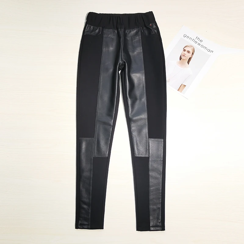 Genuine Leather Pants for Women Winter Fashion Patchwork Sheepskin Slim Fit Pencil Pants Female Full-Length Leather Pants Y3071