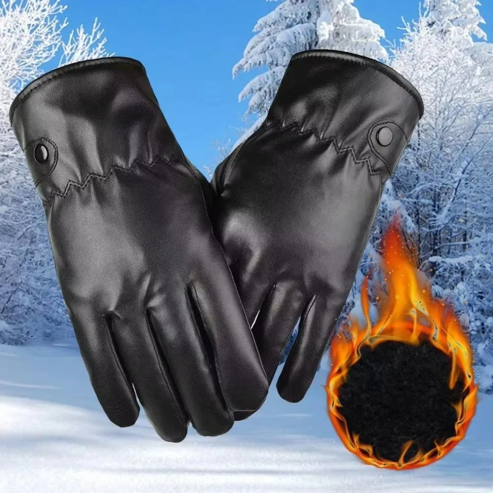 Fashion Black Leather Gloves Warm Full Finge Touch Screen Gloves Windproof Non-Slip Skiing Gloves Outdoor Winter