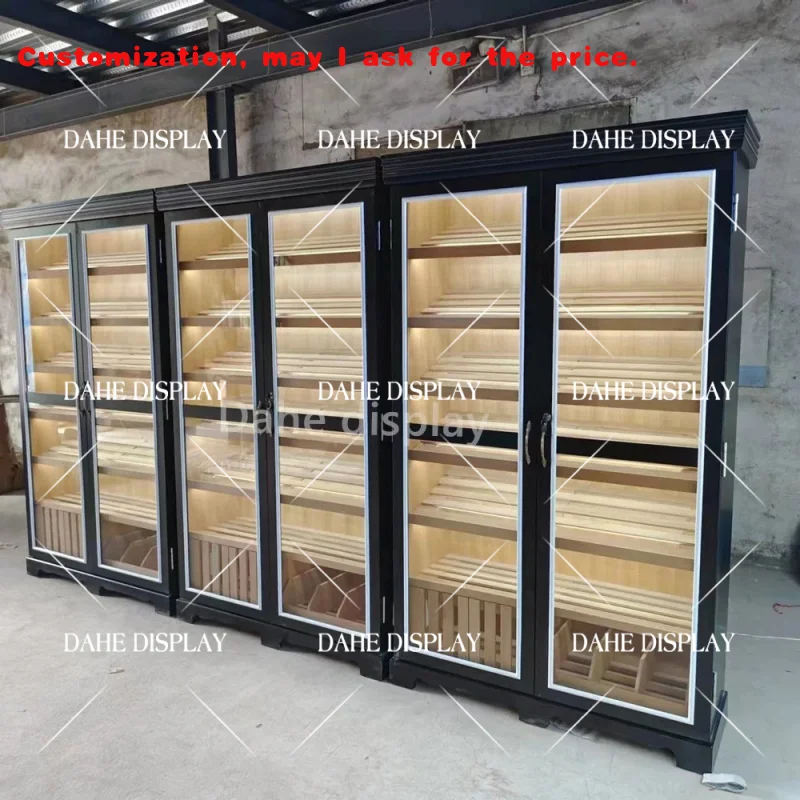 custom.Double Ceder Wood Shelves Humidor Cigar Cabinet Smoke Shop Cabinets with Humidifier Cigars Showcase Cigar D