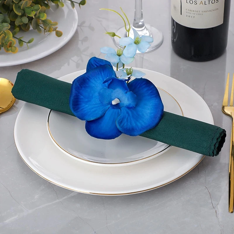 6PCS Handmade Orchid Flower Napkin Rings Blue Flower Holders Handcraft Serviette Buckles Rings For Wedding Table Decor