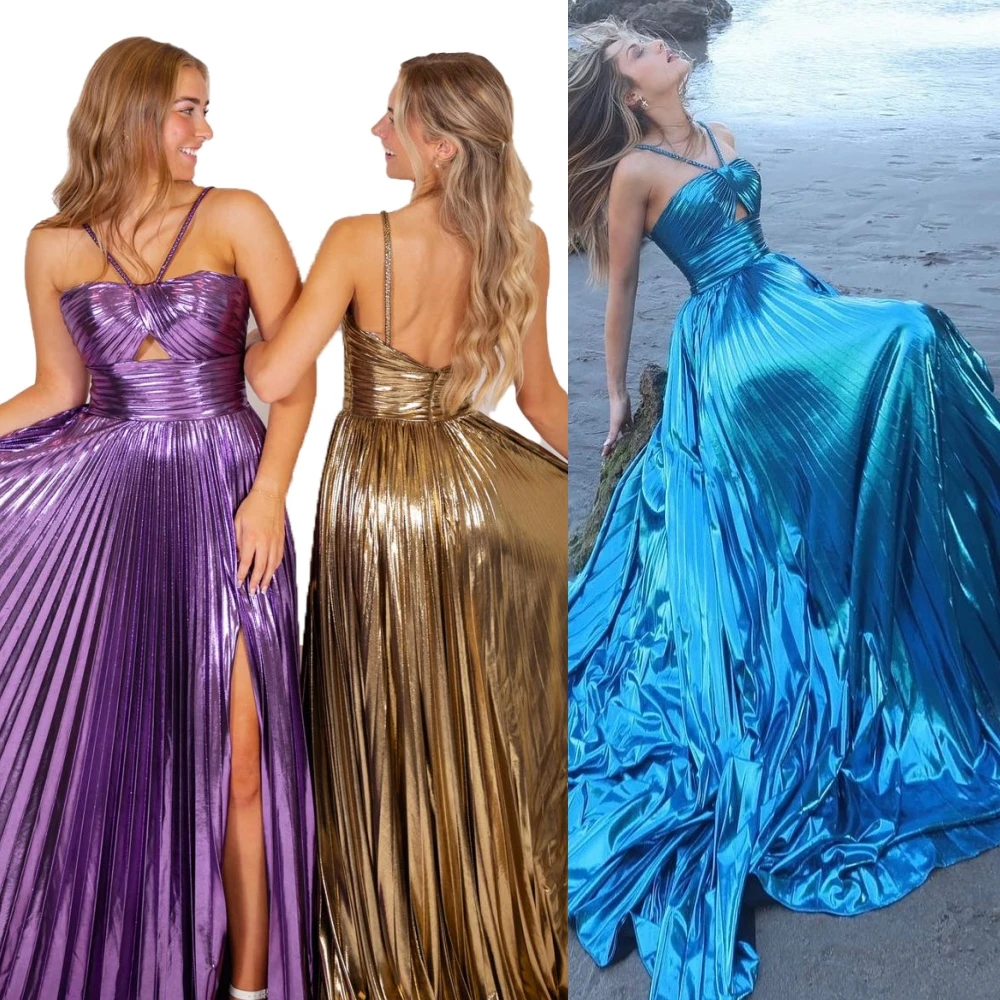 Metallic Pleated Formal Evening Dress 2k24 Keyhole Braided Straps Lady Pageant Prom Cocktail Party Gown Saudi Arabia Gold Purple