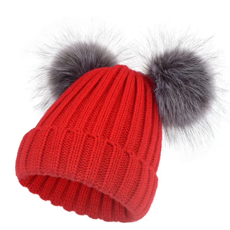 Winter natural Two Fur Pompoms Hat Children cute Knitted Girls Boys Warm Cap Baby Beanies Knitted Warm Beanie Hats