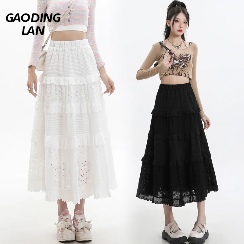 

GAODINGLAN Solid White Hollowed Out Perspective Women Skirts Elastic High Waist A Line Cake Skirt Female Crochet Elegant Skirt