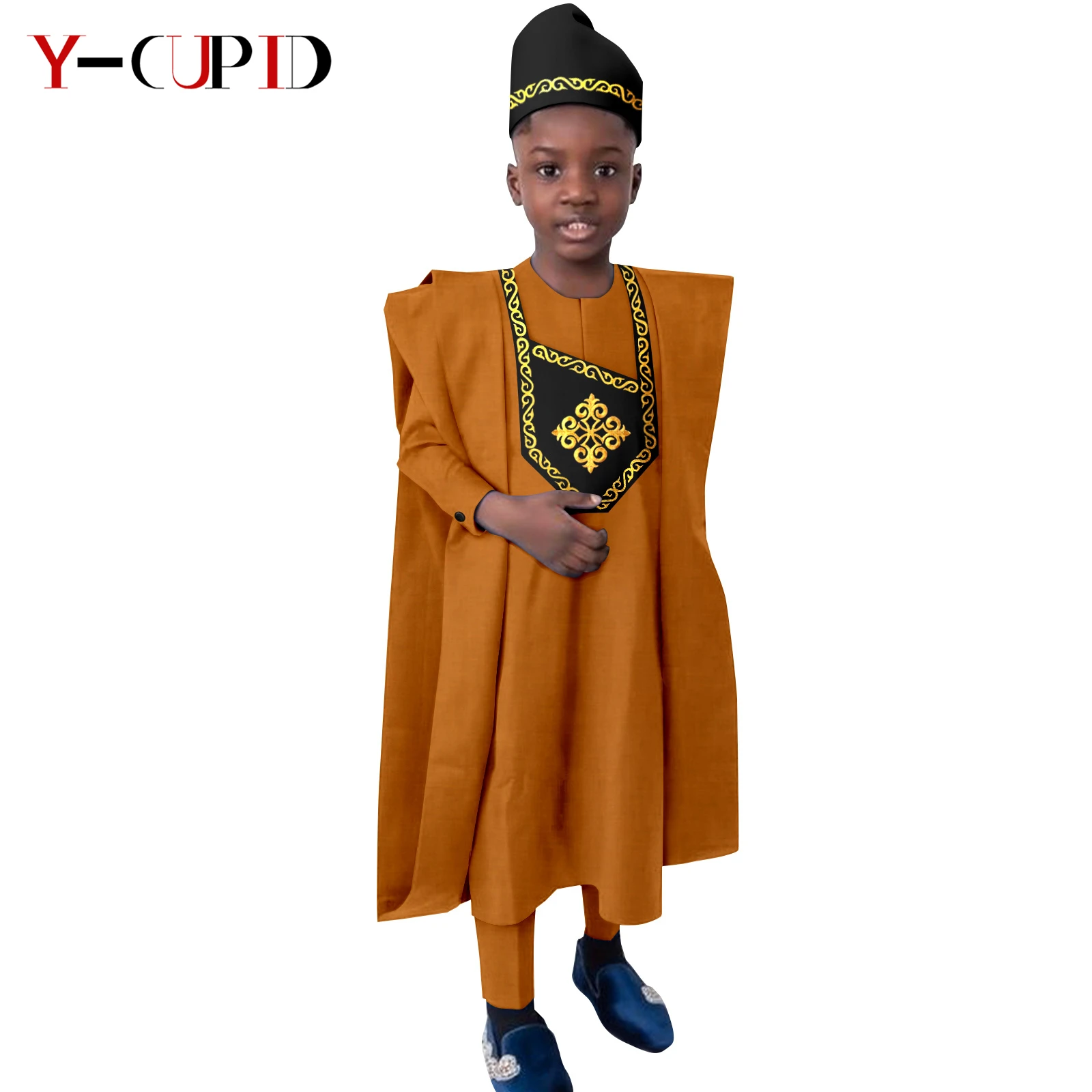 Bazin Riche African Agbada Clothes for Children Boys Casual Dashiki Outfits Wrap Hat+Vest+Shirts+Pants 4 Pieces Sets Y224024