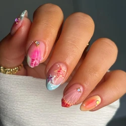 10Pcs Short Almond Fake Nails Set Handmade Manicure Cute Shell Design 3D Press-On Nails with Adhesive Nail File Included