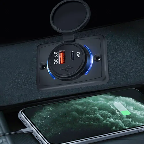 Imagen 2 del producto Cargador de coche QC3.0 + 18WPD, adaptador USB Dual, forma redonda, impermeable, interruptor adaptador de corriente para coche, camión, barco, ATV, RV