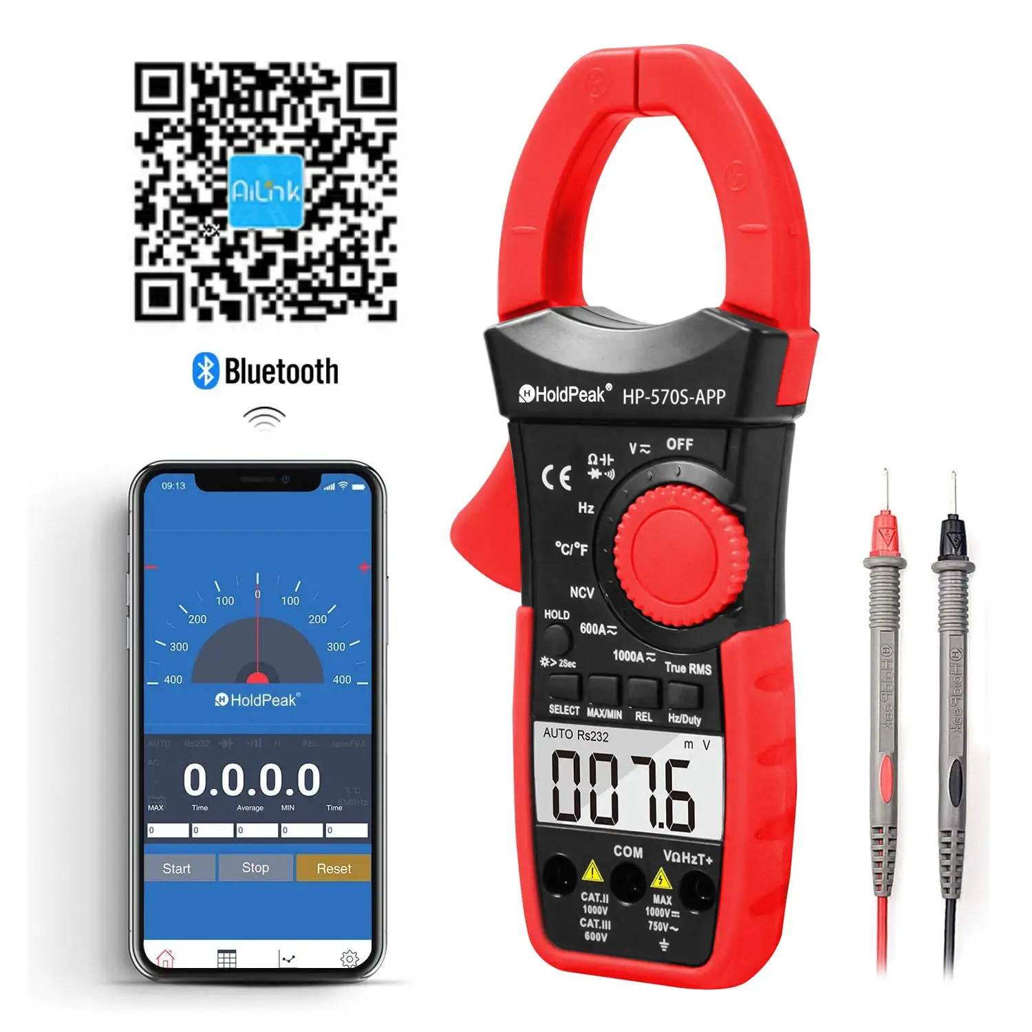 HoldPeak HP-570S-APP True RMS Clamp Multimeter - Bluetooth Connectable Intelligent AC/DC Digital Measuring Instrument