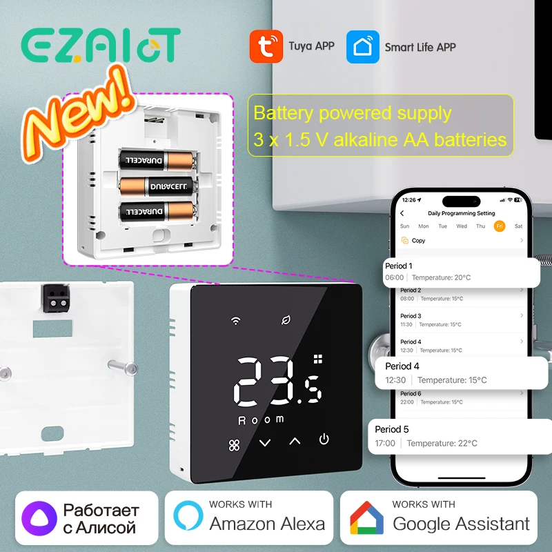 Intelligenter WLAN-Thermostat Tuya Drahtloser Wasser-Gas-Boiler Temperaturregler Täglich Programmierbar Batteriebetriebener Thermoregulator Alexa Google Home Für Tuya Smart Life Sprachsteuerung Alexa