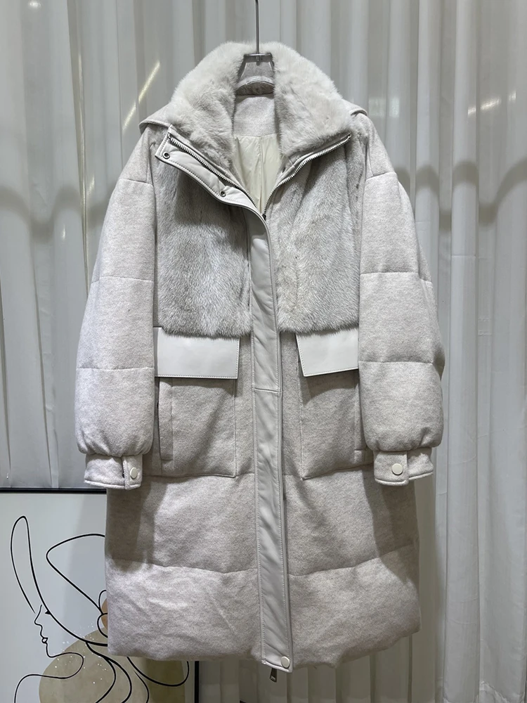 2024 Fashion Women Winter Cashmere Goose Down Jacket Natural Real Mink Fur Collar Long Thick Female Outwear Coat Puffer Jackets