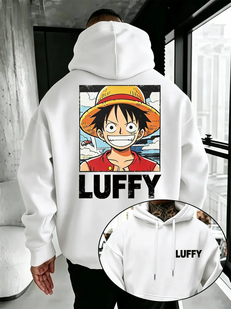 One Piece Luffy Portrait Hoodie,Drawstring Pullover Sweatshirt Monkey D Luffy Retro Poster Front Back Print Anime Streetwear Top