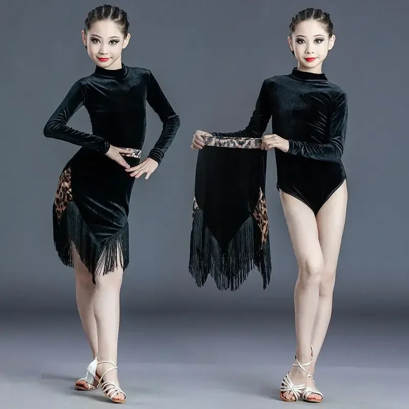 

Children's Salsa Rumba Samba Latin Dance Tassel Skirt Winter Practice Clothes Girls Dance Skirt Ballroom Dance Costumes