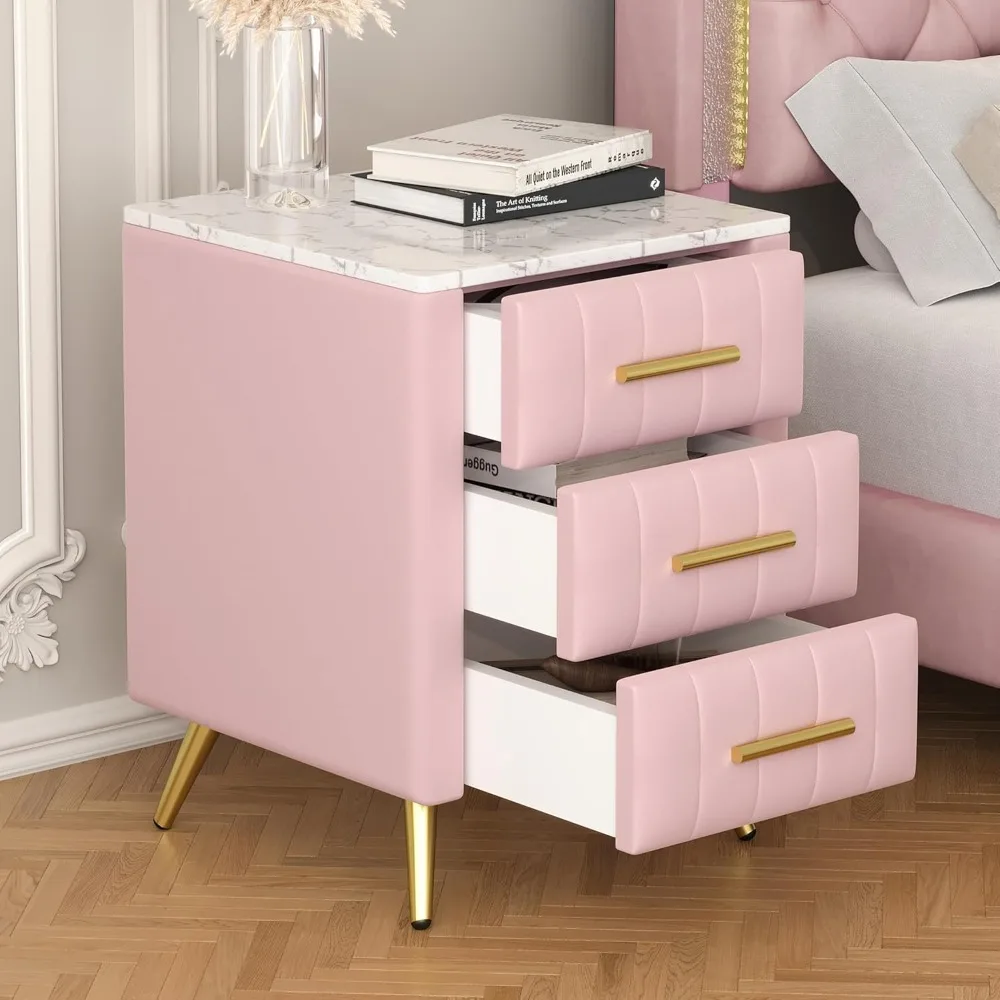 

Velvet Upholstered Nightstand Bedroom Nightstand with Metal Legs and Handles, Bedside Table with Marbling Worktop