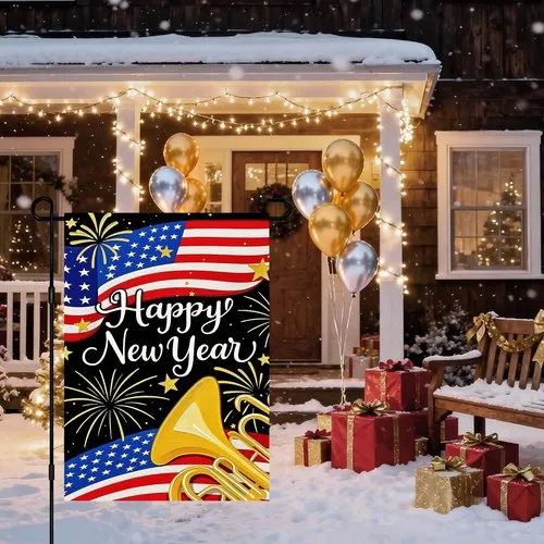 New Year Garden Flag 12x18 Inch Double Sided Waving Red White and Blue Stripe... YYZ