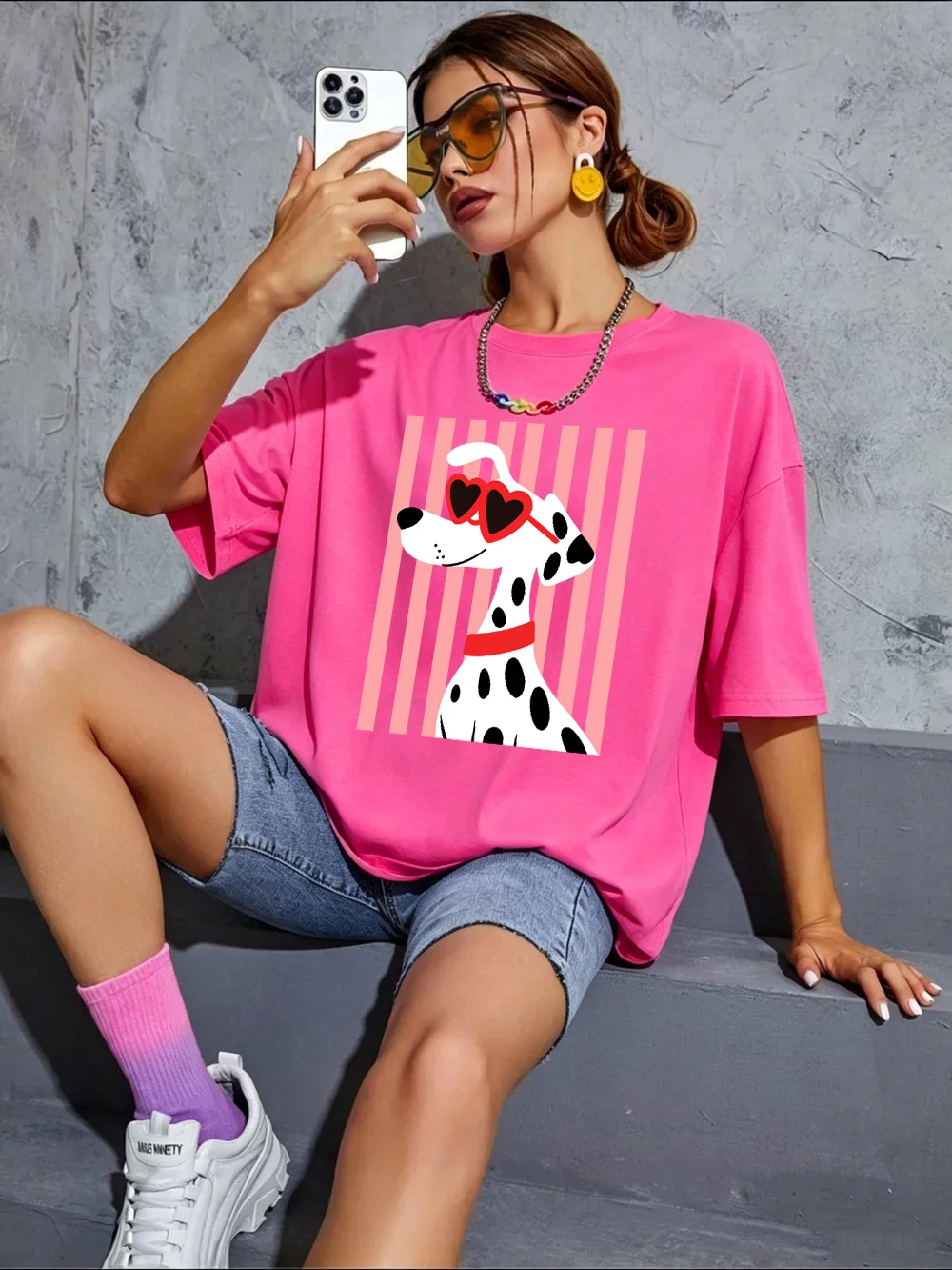 Herzförmige Sonnenbrillen Dalmatiner-Hundemotiv T-Shirts Damen Baumwolle Sommer Übergroße Oberteile O-Ausschnitt Kurzarm-T-Shirts Weiche Streetwear – Detail 22