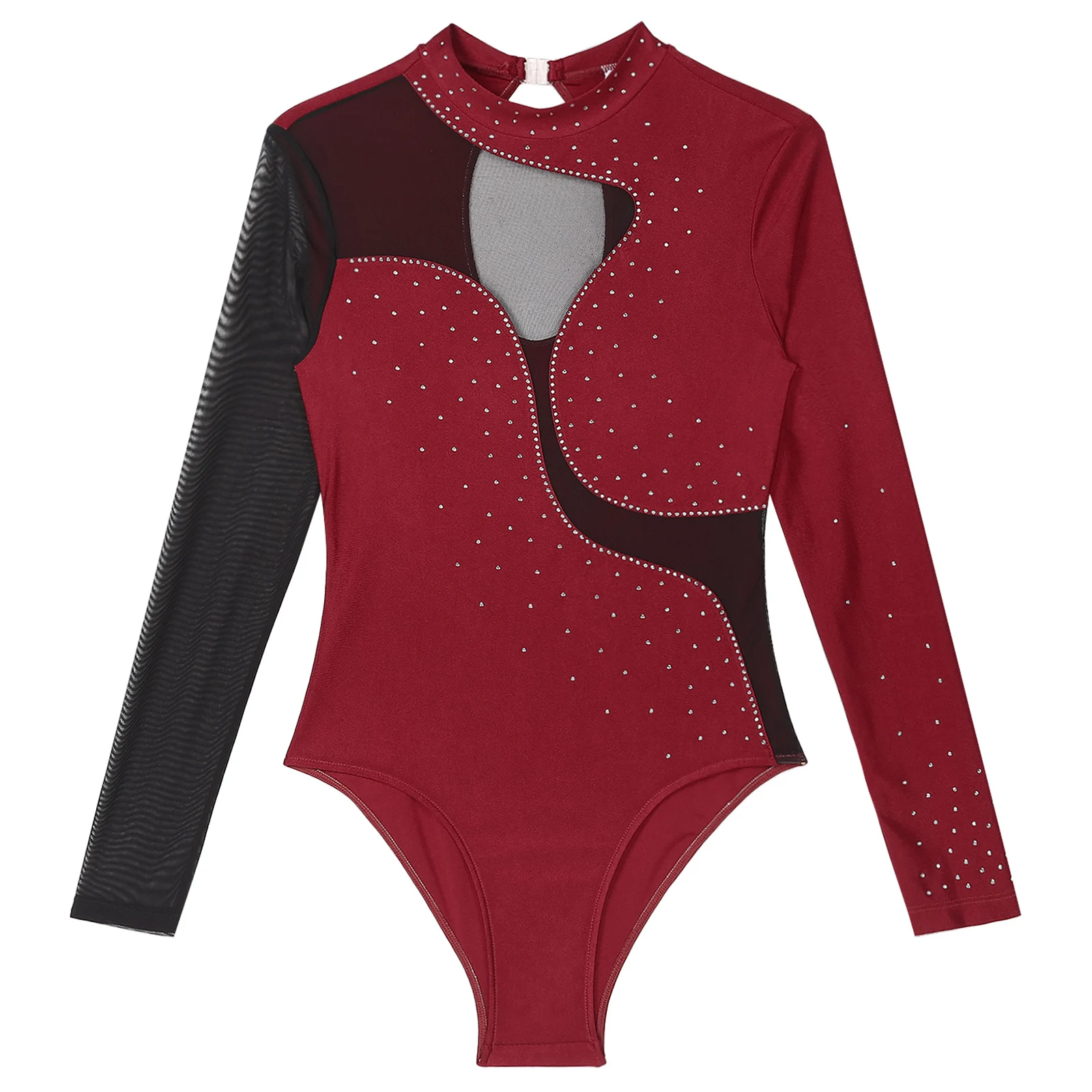 Women Shiny Rhinestone Ballet Gymnastics Leotard Sheer Mesh Splice Long Sleeve Bodysuit Adult Figure Skating Acrobatics Jumpsuit