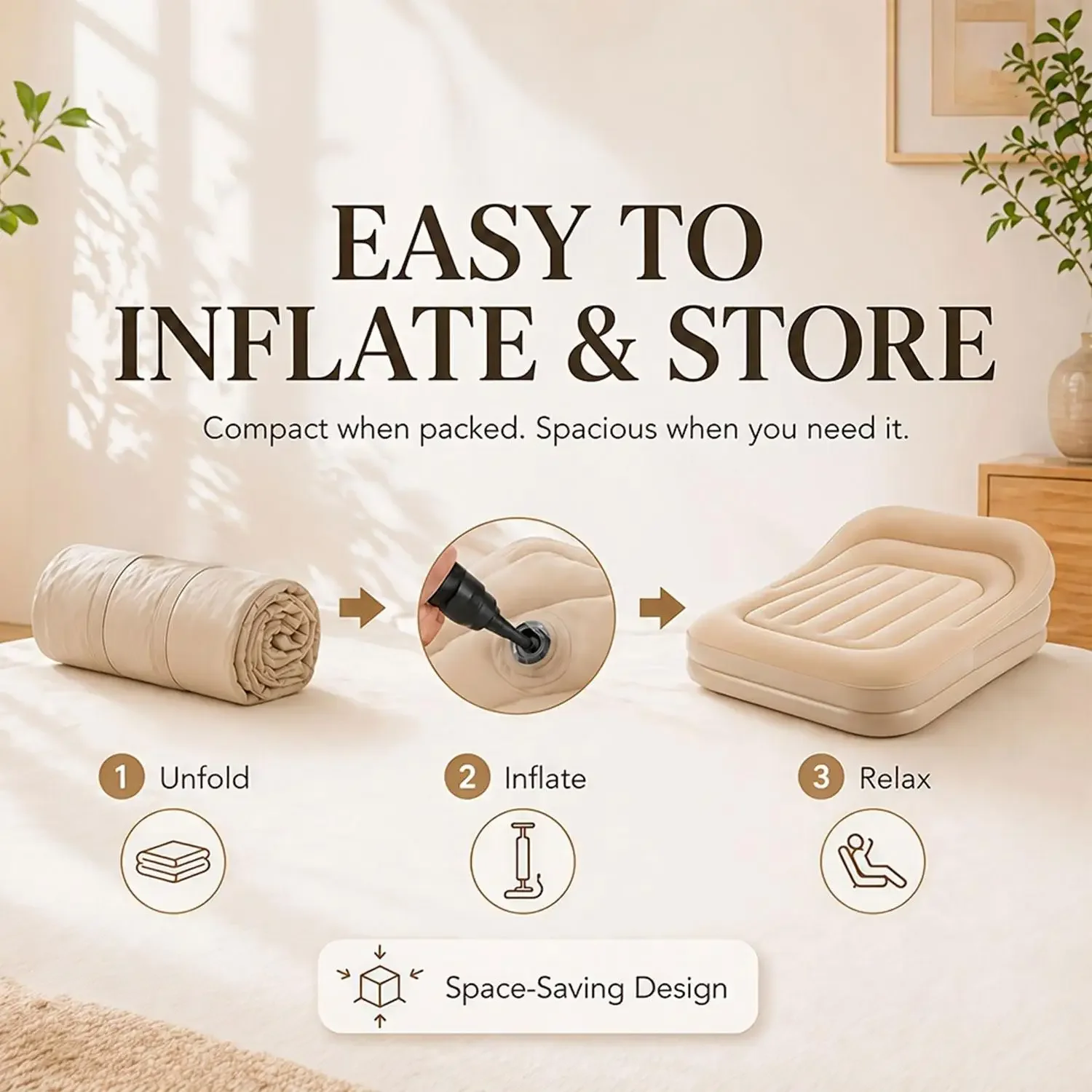 3-In-1 Convertible Sleeper Sofa Bed Heavy Duty Flocked Inflatable Air Couch Built-in Backrest Waterproof Foldable Mattress Portable Furniture with Air Pump for Indoor Bedroom Living - view 5