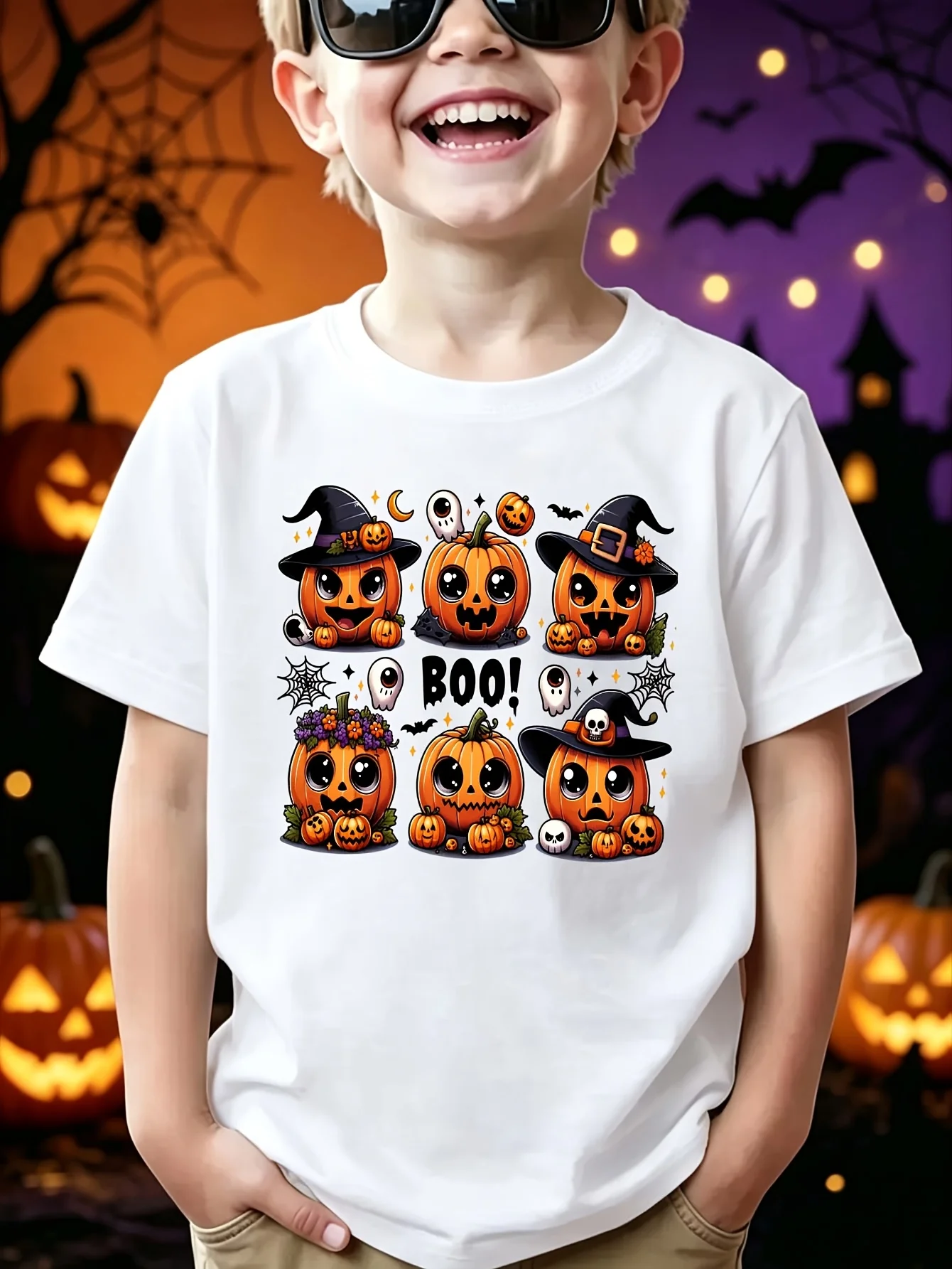 Kids Boys Girls Parent Child Matching Tee Halloween Boo Pumpkin Witch Hat Graphic Print Short Sleeve Crew Neck Soft Daily Tee