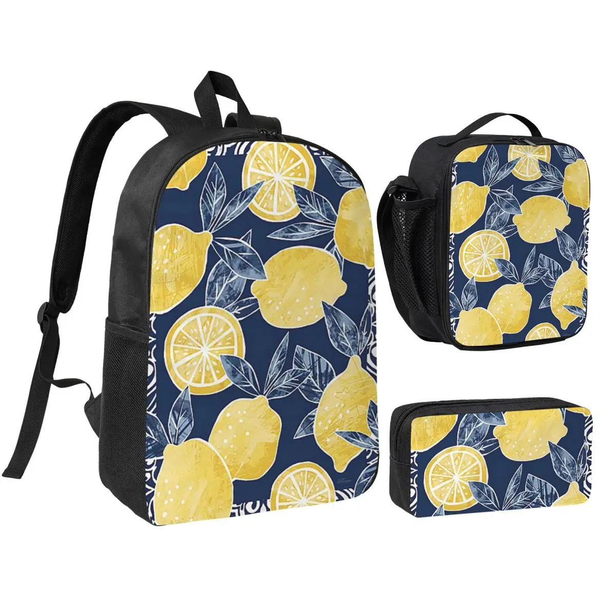 Lemon And Floral Pattern Backpack Student BookBag School Bag Shoulder Bags 3ps Insulated Lunch Bag Pencil Case