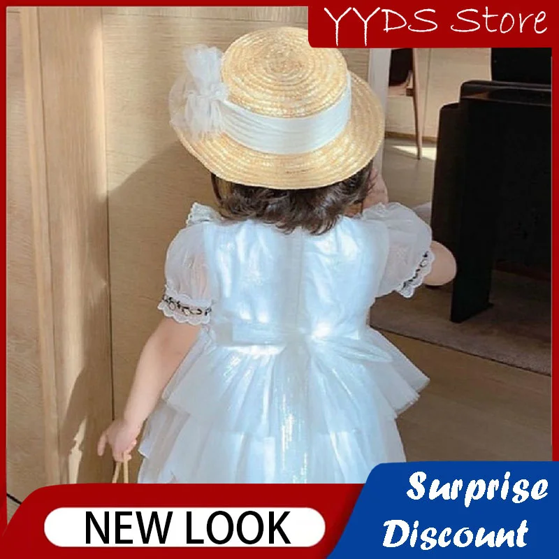 Children's Straw Woven Sun Hat Mesh Lace Bow Flat Top Panama Beach Straw Hat Beach Sunscreen Outdoor Straw Hat Girl Hats Kids