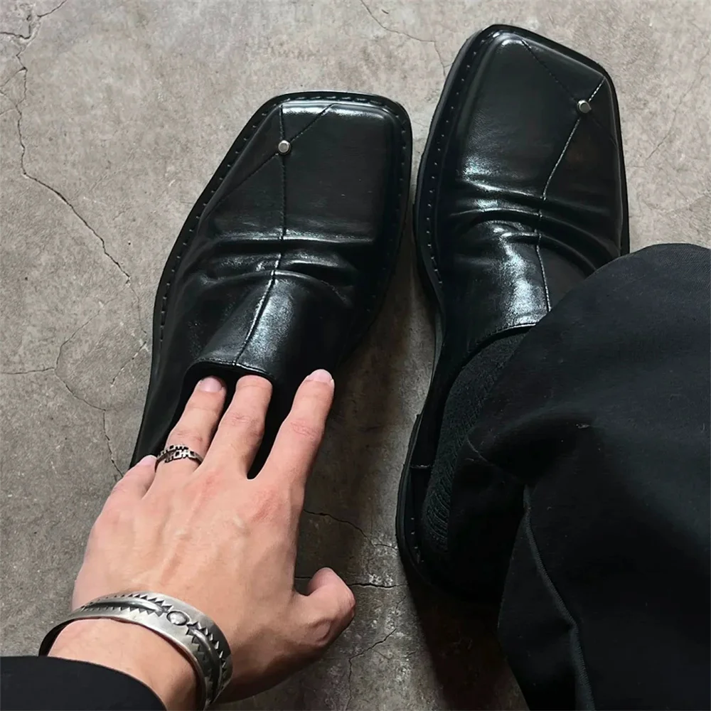 Square Toed Pleated Mules for Men Dark Style Thick Sole Black Leather Outer Wear One Foot Slip On Derby Leather Shoes Slippers