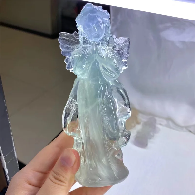 

Natural Macaron Fluorite Guardian Angel Crystal, Hand Carved Quartz, Spiritual Healing, Reiki, Home Decor Craft, 15cm, 1Pc