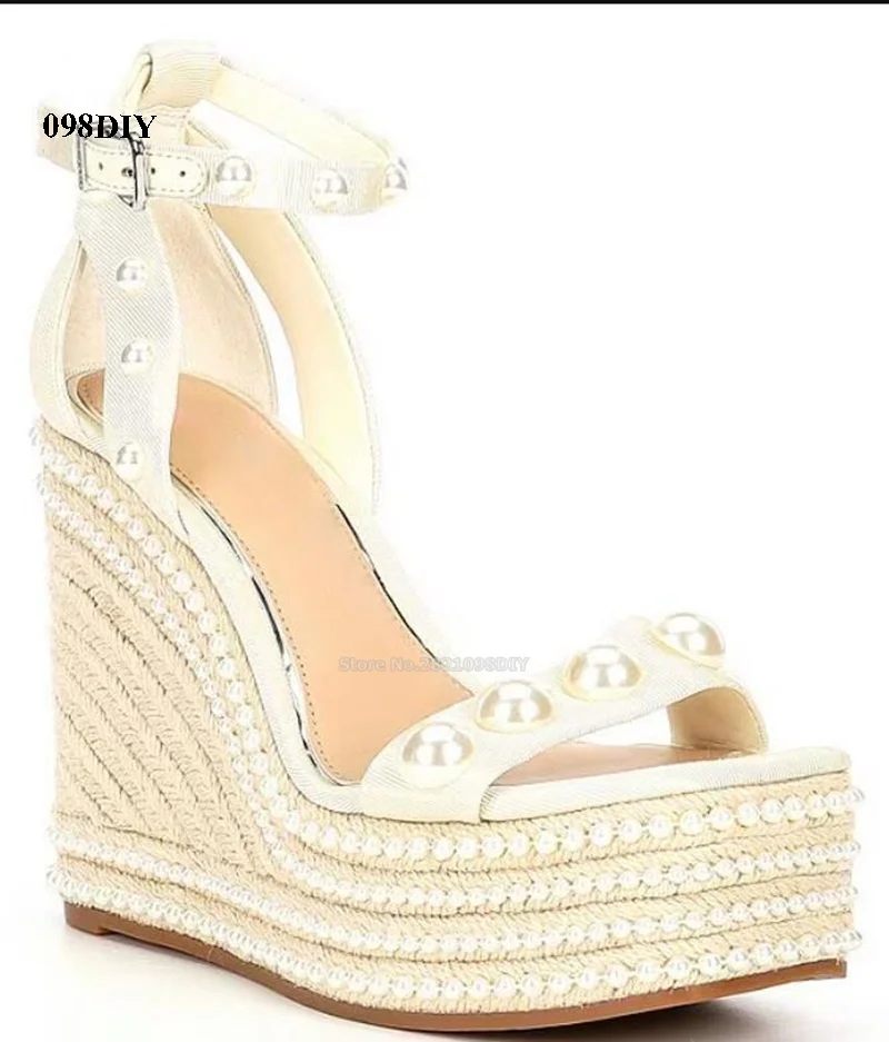 

Pearl Studded Jute Platform Wedges Thick Platform High Heel Sandals Women Ankle Strap Heeled Summer Wedge Shoes