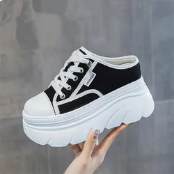 9cm Canvas Genuine Leather Women Summer Shoes Wedge Sneakers Platform Slippers Shoes Slip on Sandals Slideds High Heel