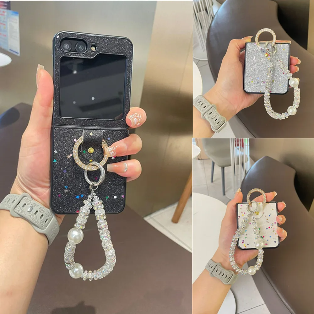 Korean Fashion Glitter Ring Pearl Bracelet Phone Case For Samsung Galaxy Z Flip6 5 Case Z Flip4 Cover Z Flip3 Capa Z Flip 5 Capa