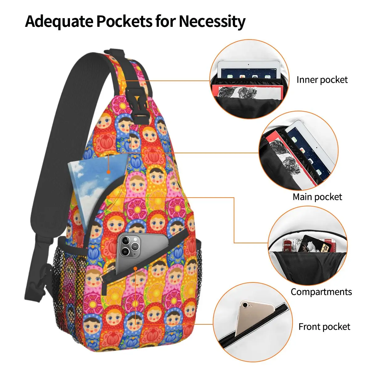 Mat roschka russische Puppe Cross body Schulter taschen Muster Brusttasche Cartoon Anime Schulter Rucksack Tages rucksack zum Wandern Reisen Radfahren