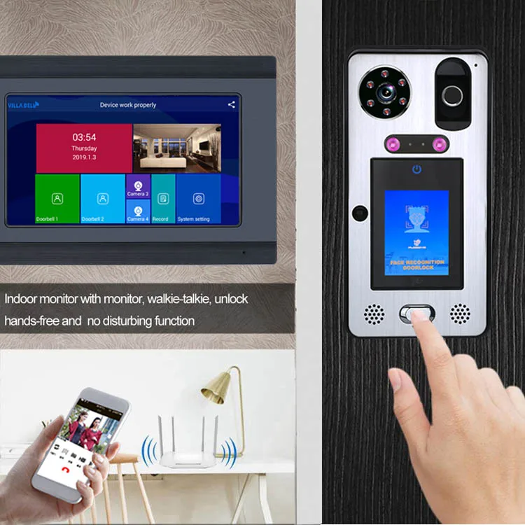 7inch Wifi Face Recognition Fingerprint IC Video Doorbell Intercom System with Wired 1080P Camera APP Unlock