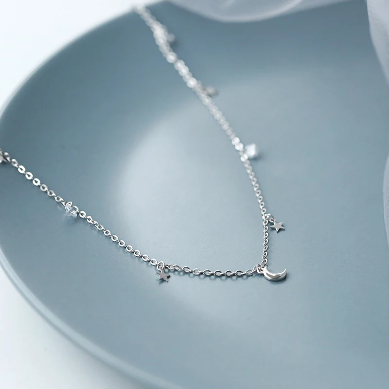 2024 925 Sterling Silver Shiny Zircon Moon Star Choker Pendant Charm Long Chain CZ Crystal Necklace Women Wedding Fine Jewelry