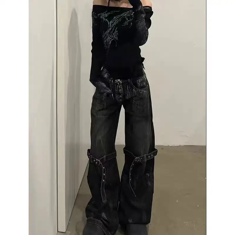 

Black Women's Jeans High Waist Hip Hop Straight Fashion Pants Streetwear Harajuku Y2K Star 2024 Female Wide Leg Denim Trouser