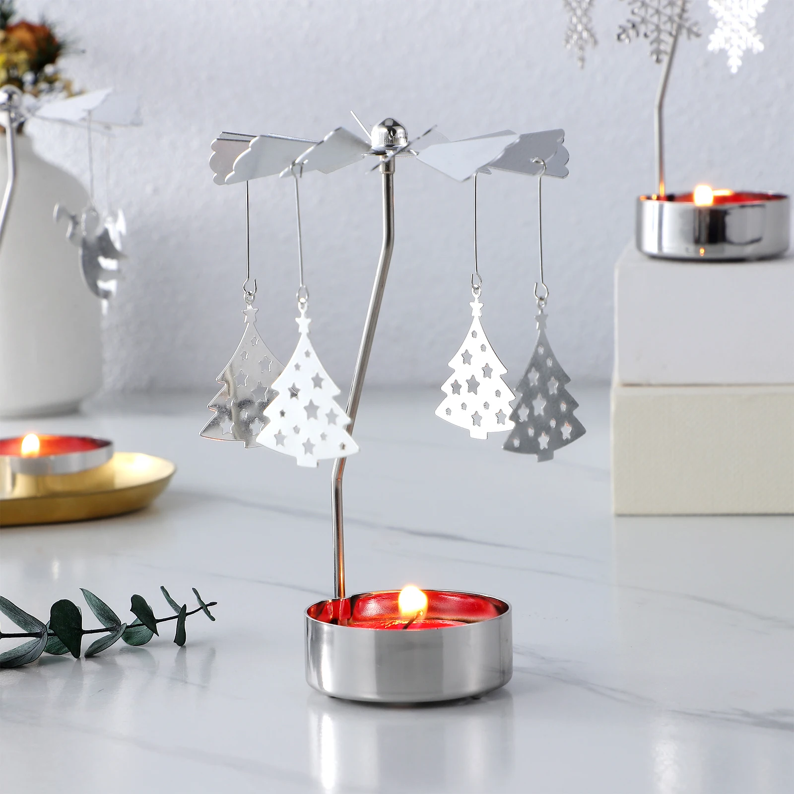 3 قطعة حامل شموع معدني دوار ندفة الثلج تصميم ديكور المنزل الدورية حامل مصباح الشاي عيد الميلاد الجدول محور