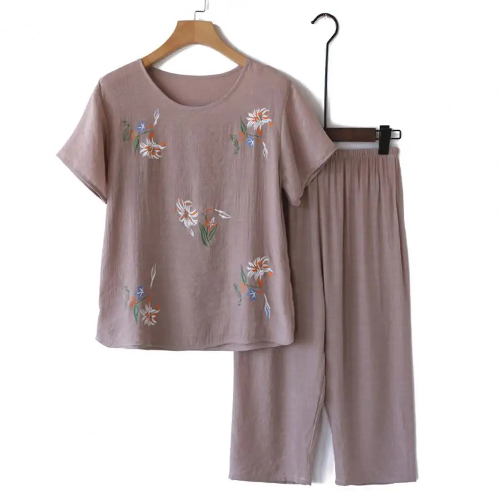 Women Pajama Set Elegant Mid-aged Women's Flower Print Pajama Set with Wide Leg Pants Comfortable Sleepwear for Mother