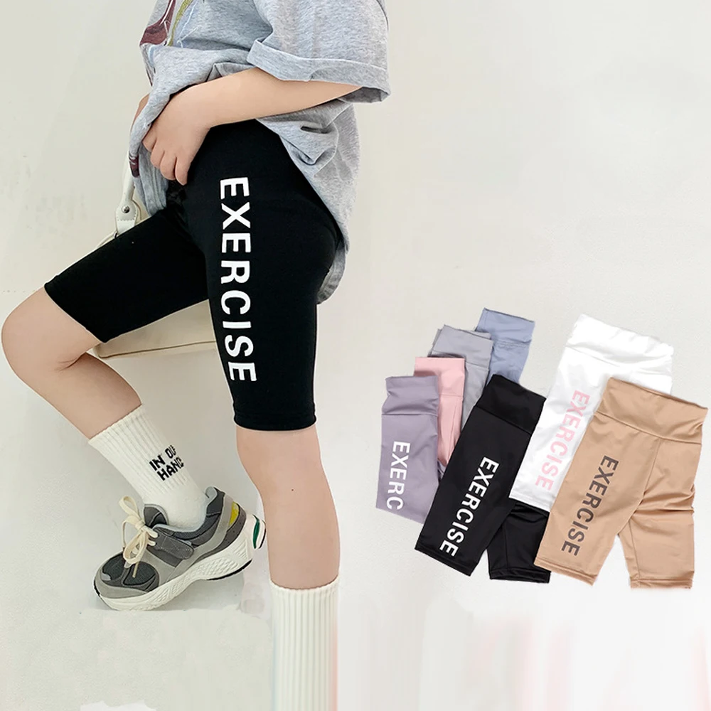 

Girls Shorts Teenagers Letter Print Bottom Leggings Kids Knee Length Five Pants Summer 2-12Years Children's Bicycle Trousers