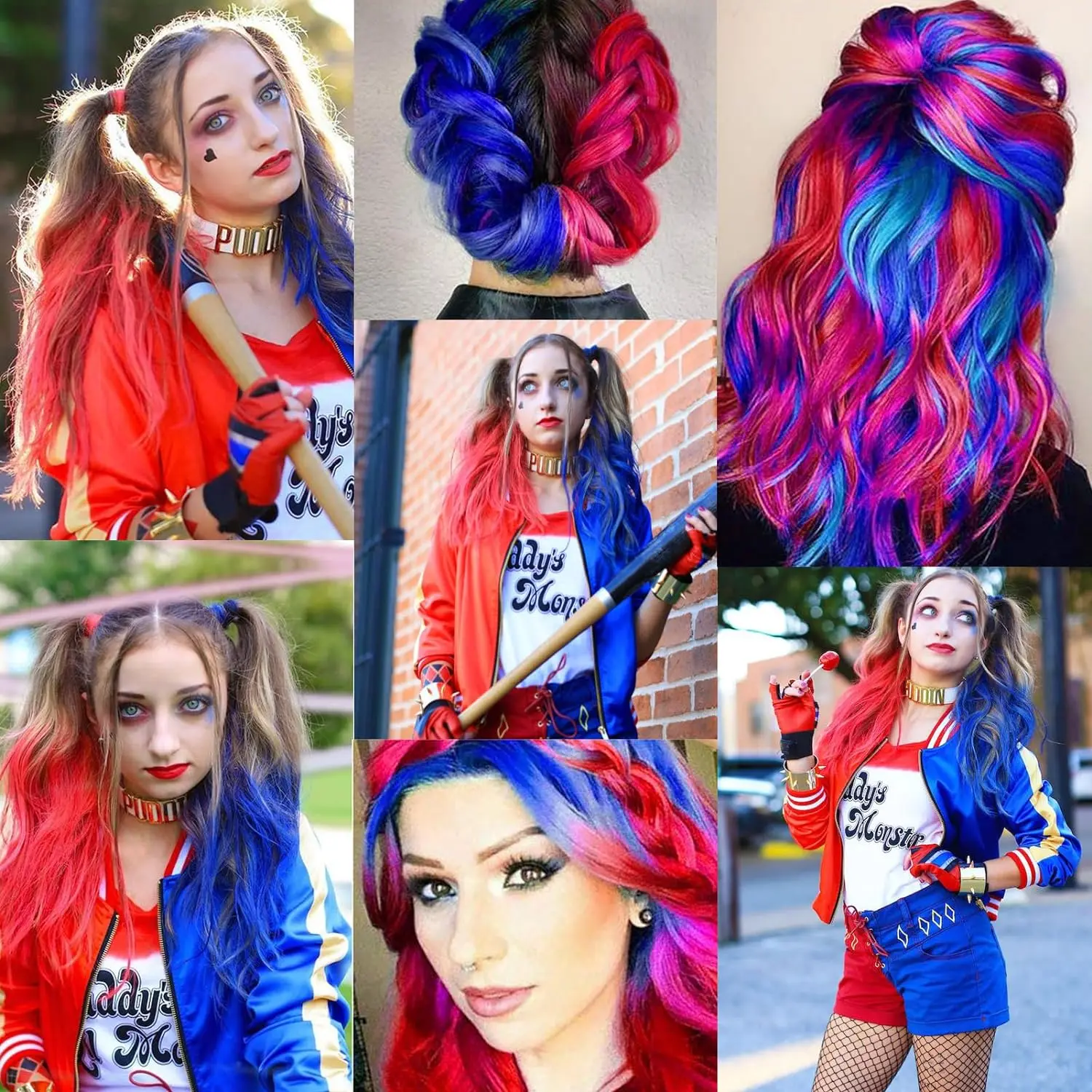 Synthetic 10 PC Hair Extensions Red and Blue Clip in SOlldag Colored Party Highlights Straight Hairpiece for Kids Girls Women