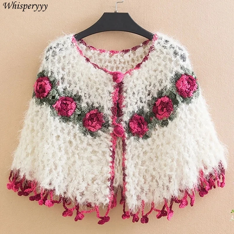 

Women Cardigan Knitted Cloak Flowers Hollow Jacket Spring Autumn Shawl Cape Short Ruffle Sweater Tops Vintage Poncho Mujer